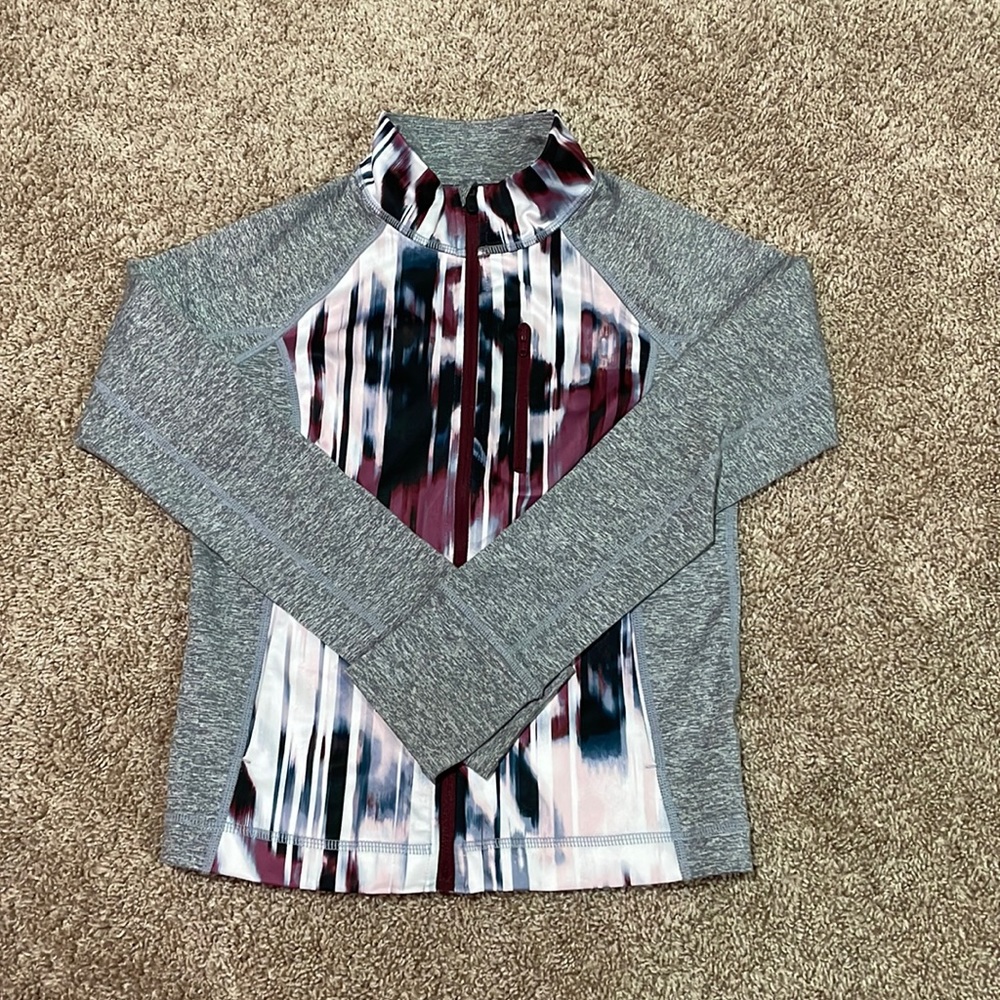 grey and burgendy define jacket
